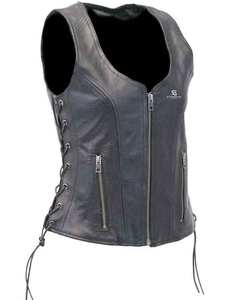<b>Women</b> Leather Vintage Biker Vest Slim Fit Motorcycle Sleeveless <b>Waistcoat</b> V Neck Outerwear Casual Windproof Fashion Pockets - Product Image 3