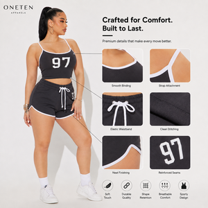 ชุดเซ็ทเสื้อครอปและกางเกงขาสั้นลายทาง 2 ชิ้นสำหรับผู้หญิงจาก ONETEN APPARELS สีดำ เนื้อผ้าถักสแปนเด็กซ์ยืดหยุ่นสูง ระบายอากาศได้ดี - Product Image 6