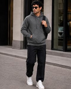 Sweat-shirt à capuche en molleton uni pour homme, coupe classique, décontracté, automne, avec poche avant, 100% coton - Product Image 4