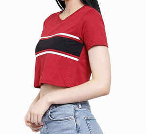 Women's <b>Red</b> <b>Crop</b> <b>Top</b> Short Sleeve V-Neck Striped Color Block Knitted Casual T-Shirt - Product Image 1