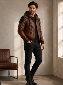 Brown Leather Breathable Summer Hooded Motorcycle <b>Jacket</b> <b>for</b> <b>Men</b> Black Quilted Biker Style Zip Front Casual Outerwear - Product Image 3