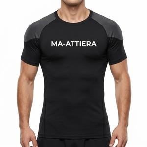 Men Short Sleeve <b>Compression</b> <b>Shirt</b> <b>Black</b> Gray Shoulder Panel Gym Fitness Running Training Sportswear Performance Base Layer - Product Image 1
