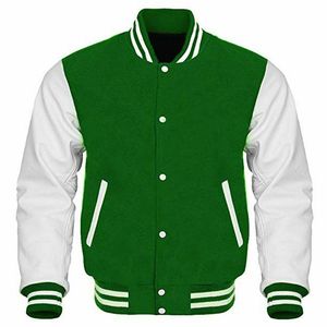 Plain Green Wool Canvas Stand Collar Custom Varsity Baseball <b>Jacket</b> for <b>Men</b> with <b>White</b> Sleeves - Product Image 1