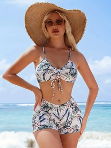 Ensemble bikini 3 pièces à imprimé floral pour femmes, dos nu, short à nouer devant, en mousseline de soie, écologique, tankinis rembourrés amovibles - Product Image 2