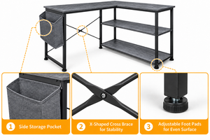 Escritorio moderno para computadora en forma de L con estantes de almacenamiento y bolsillo lateral en gris - Product Image 2