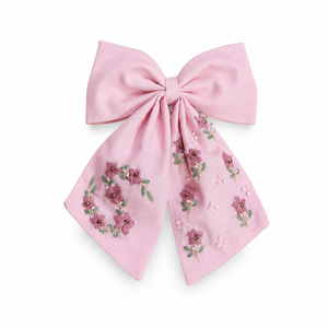 Lazo para el Cabello de Tela Bordada Rosa con Detalles Florales, Pinza Decorativa para el Cabello con Cinta para Niñas y Mujeres - Product Image 1