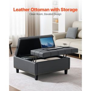 31-Inch Square Leather <b>Storage</b> Ottoman Tufted Button Design Coffee Table Lift-Top Flip PU Leather Upholstered <b>Stools</b> Ottomans - Product Image 2