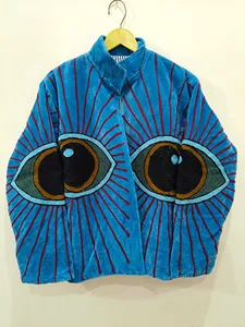 Premium Sky-Blue <b>Velvet</b> Embroidered Suzani Jacket with Evil Eye Pattern Full Sleeve Stand Collar <b>Women's</b> Autumn <b>Coat</b> - Product Image 2