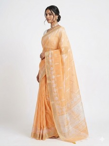 Sari en coton orange pour femme, imprimé blanc, longueur ras du sol, style traditionnel indien et pakistanais, élégant et recyclé, pour tenue décontractée - Product Image 4