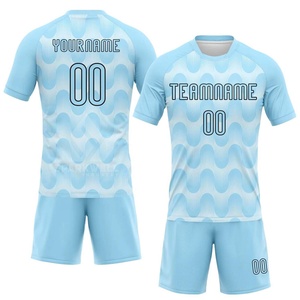 ชุดเสื้อฟุตบอลสีฟ้าอ่อนแบบกำหนดเอง กางเกงขาสั้น คอวี แขนสั้น ระบายเหงื่อได้ดี สำหรับผู้ใหญ่ ทีม ยูนิเซ็กซ์ หมายเลข 00 - Product Image 1
