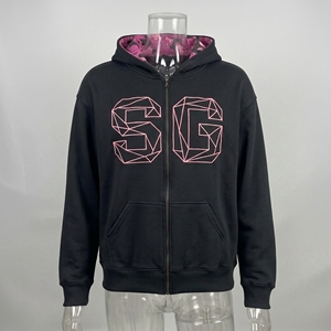 Sudadera con capucha y cremallera SG con estampado geométrico para hombre, corte holgado, color negro, tejido French Terry, informal, para invierno. - Product Image 3