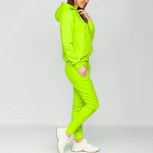 Conjunto Deportivo para Mujer, Color Verde Neón, con Capucha, Manga Larga, Diseño Sólido, Sudadera y Pantalones Casuales con Bolsillos Laterales - Product Image 2