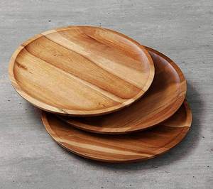 Eco-friendly Sustainable Fashionable Thick Acacia Wood Round Salad Bowl Dish <b>Plates</b> Set Party Handpainted Customizable Design - Product Image 2