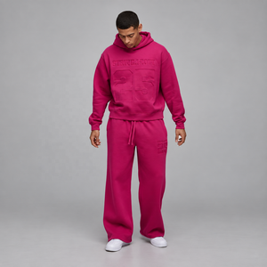 Ensemble de survêtement rose à capuche pour homme, coupe ample, décontracté, avec sweat-shirt et pantalon, poches latérales, en coton respirant, idéal pour l'automne - Product Image 1