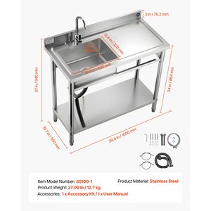 Lavello Commerciale Monoblocco Autoportante in Acciaio Inossidabile con Rubinetto 39.4 X 19.7 X 37 per Cucina Professionale Posizionamento Destro - Product Image 5