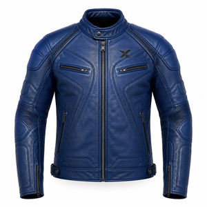 Blouson de moto en cuir offrant une protection complète |   Bleu royal, noir, bordeaux |   Fabricant OEM ODM |   Qualité de conception haut de gamme |   Racing X - Product Image 1