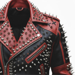 Men's Red & Black Spiked <b>Gothic</b> Leather <b>Jacket</b> - Anarchy Symbol & Winged Skulls Punk Aggressive Biker <b>Jackets</b> - Product Image 5
