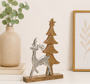 Handcrafted Silver Aluminum Reindeer With Wooden Christmas <b>Tree</b> Figurine Elegant Minimalist Xmas Centerpiece And Gift For Indoor - Product Image 4