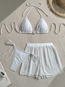 Women's <b>White</b> 2 Piece <b>Bikini</b> <b>Set</b> Halter Top Lace Up Shorts Swimwear Stretch Solid Color Knitted Beachwear - Product Image 4