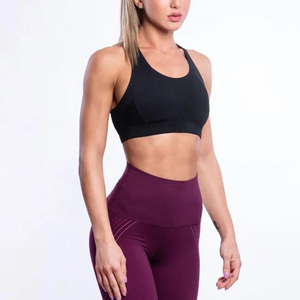 Soutien-gorge de sport sans couture noir pour femme, col ras du cou, dos nageur, maintien moyen, pour yoga et fitness, en polyester et élasthanne - Product Image 1