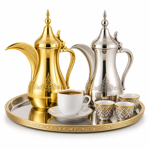 ชุดกาแฟดัลลาห์แบบตะวันออกกลาง ทำจากโลหะสีทองและสีเงิน ทนความร้อน พร้อมถ้วยเซรามิกตกแต่งสวยงาม ถาดรอง ผลิตโดยบริษัทอลาบานซา - Product Image 1