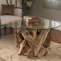 Table basse ARTERRA en racine de teck décorative de qualité supérieure avec plateau en verre, design cylindrique moderne, meubles pour la maison, pour le salon