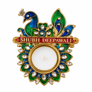Diya en laiton avec motif paon et travail miroir Shubh Deepawali pour la décoration de la maison, la Puja, la décoration festive et les cadeaux, décoration traditionnelle - Product Image 1