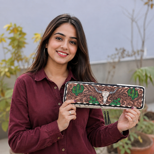 Heat Resistant Hair Straightener <b>Case</b> Hand Tooled Leather New Designer Hair On Hide Perfect Organizer for Hair Tools - Product Image 3