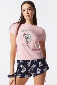 Women's Printed Pink Crop Top With Navy Shorts Set Casual <b>Elastic</b> Waist Knitted Cotton Breathable Regular Fit - Product Image 2