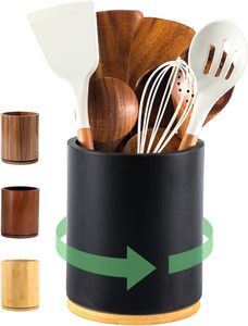 Premium Acacia Wood <b>Kitchen</b> Utensils 360 Rotating Holder Wood <b>Kitchen</b> Organizer <b>Caddy</b> Rotating Lazy Susan Utensil Holder - Product Image 5