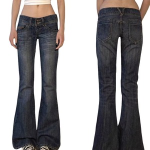 Blue Vintage Low Waist Skinny Denim <b>Jeans</b> Patchwork Woven Custom Logo Breathable Button for Wash - Product Image 1