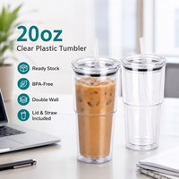 Gobelet isotherme transparent en plastique de 20 oz avec couvercle et paille, sans BPA, double paroi en PC, en stock, cadeau promotionnel, emballage carton