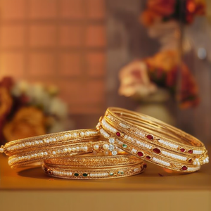 Gold Plated Brass and Alloy Diamond Pearl <b>Bangles</b> <b>Set</b> for Wedding Anniversary - Product Image 3