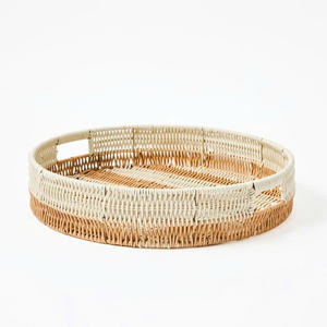 Best Price Artisanal Color Block Round Rattan <b>Tray</b> Natural Woven Serving <b>Basket</b> For Living Room Organization - Product Image 3