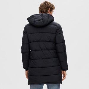 Veste longue matelassée noire pour homme, à capuche, coupe-vent, décontractée, hiver, fermeture éclair, rembourrage en polyester, manches régulières, couleur unie - Product Image 4