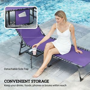 Sdraio Pieghevole Viola da Esterno con Schienale Regolabile a 5 Livelli e Tavolino Laterale con Tasca Portaoggetti - Ideale per Prendere il Sole - Product Image 6