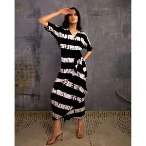 Caftán Boho Moderno Informal para Mujer, Color Negro y Blanco, Cuello en V, Manga Larga, Cintura Natural, Largo hasta el Suelo, Ecológico - Product Image 2