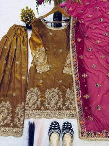 Presentando la nueva colección de diseñadores en conjunto de salwar farshi de seda Crushi con dupatta, completamente cosido y listo para usar. - Product Image 6