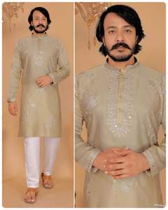 Conjunto de Kurta y Pijama de Seda Premium para Hombre, Sin Arrugas, Largo hasta la Rodilla, Corte Regular, con Bordado Intenso, Ropa Étnica India para Bodas y Diwali - Product Image 1