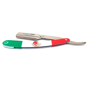 Navaja de afeitar profesional de acero inoxidable con mango de bandera mexicana, tipo Cut Throat, con bloqueo de seguridad, para barbería y afeitado manual - Product Image 2