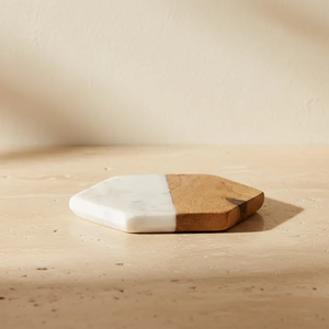 Juego de 4 Posavasos de Mármol y Madera de Mango |   Regalo de Piedra Blanca para Mesa de Centro - Product Image 4