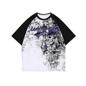 Camiseta Raglán Personalizada con Estampado Gráfico Vintage, Estilo Urbano Grunge con Calavera y Cruz, de Manga Corta, Oversize, de Algodón Pesado para Hombre - Product Image 3