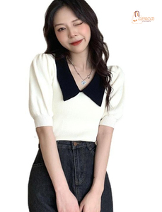 Robe chemise décontractée à manches longues pour femme, col en V contrastant, style coréen tendance, nouvelle collection été, haut de gamme française - Product Image 5