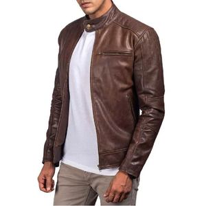 Chaqueta de Cuero Marrón, Piel de Vacuno Auténtica, Cierre de Cremallera, Cuello con Banda, Botones a Presión, Puños con Cremallera, Estilo Clásico Premium - Product Image 2