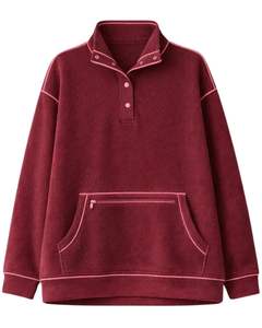 Sweat-shirt personnalisé épais pour femme, couleur bordeaux, en polaire oversize, avec col à boutons-pression et poche kangourou, surpiqûres contrastées - Product Image 1