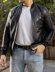 Veste bomber en cuir de vache véritable noir pour homme, manches longues, résistante à l'eau, couleur unie, vêtements d'extérieur d'hiver, vêtements de mode - Product Image 2