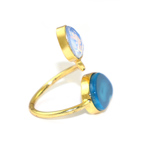 18K Gold Plated Brass Cocktail <b>Ring</b> With Natural Blue Agate Slice And Opalite Pear Stone Bohemian Style Unisex Jewelry Wholesale - Product Image 3