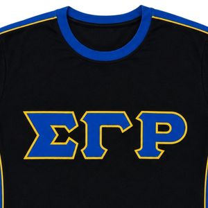 เสื้อเชิ้ตพรีเมียมสีดำ น้ำเงิน ทอง ตราสัญลักษณ์ซิกมาแกมมาโร แขนสั้น คอกลม ลายกรีก ตัดเย็บด้วยผ้าสีตัดกัน สไตล์ลำลองสำหรับกลุ่มพี่น้อง - Product Image 6