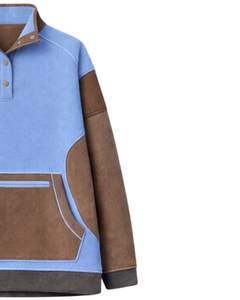 Sudadera de invierno oversize de forro polar para mujer, azul cielo y marrón, con cuello de botones a cuarto, bolsillo canguro, fabricante personalizado, top - Product Image 4