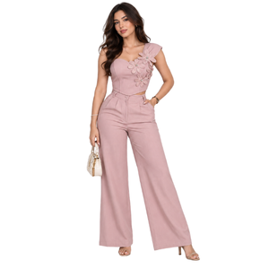 Ensemble deux pièces rose clair pour femme avec broderie florale, pantalon large, tenue élégante respirante printemps/été - Product Image 2